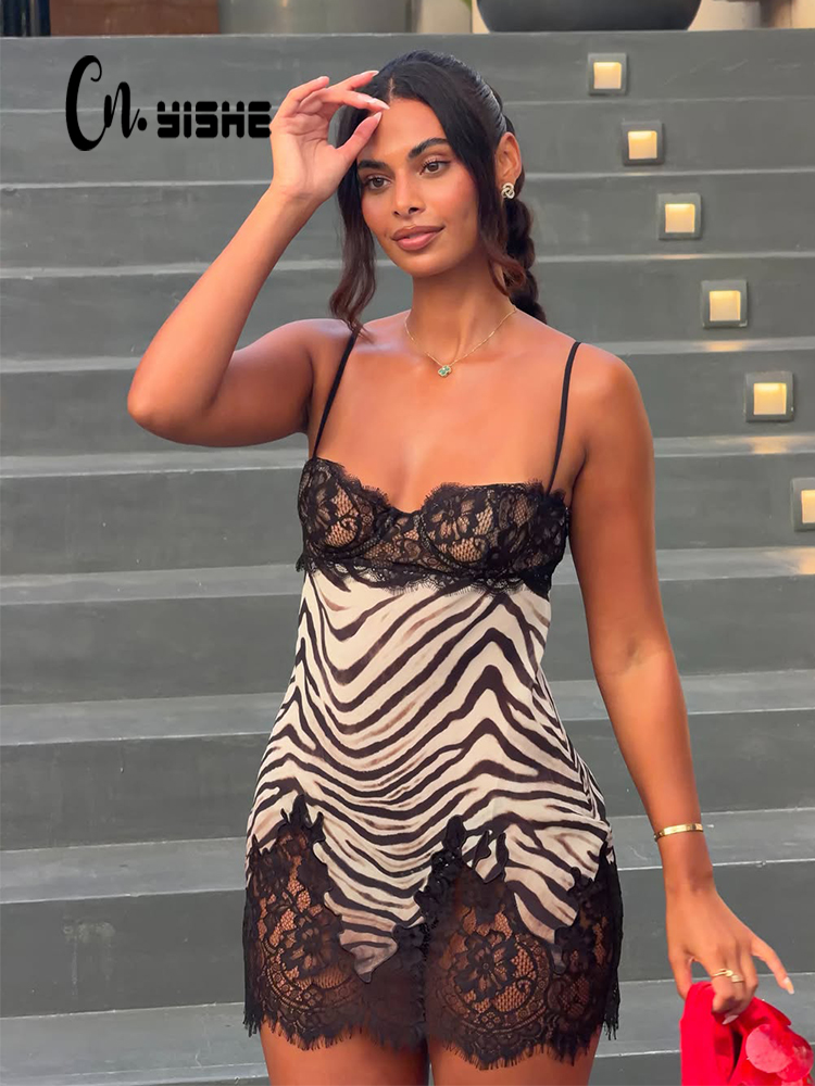 Sexy Mesh Sheer Bodycon Dress - CNYISHE Camisoles Zebra Prints Kant Patchwork