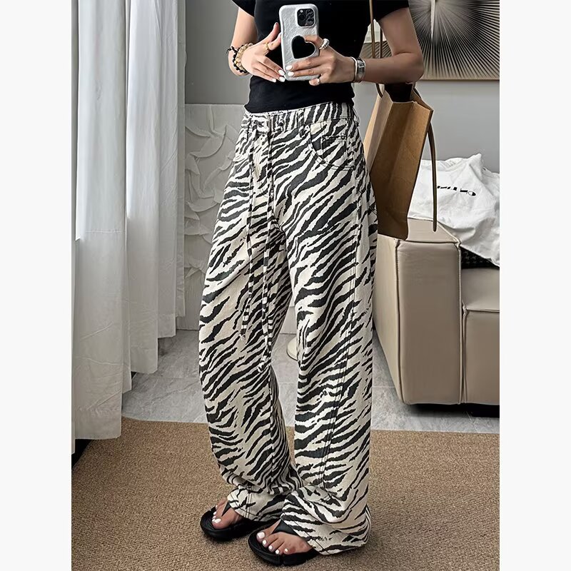 Jeans - Damesjeans met zebraprint, vintage, rechte, wijde